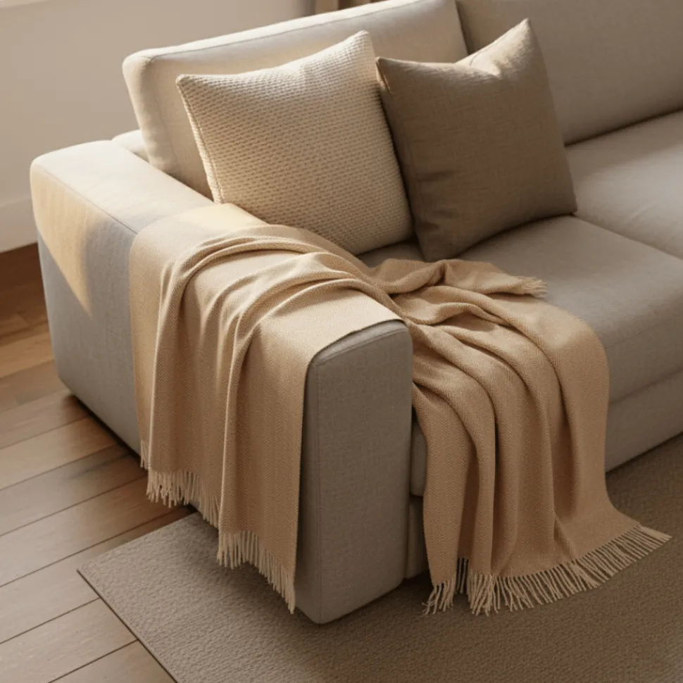 Bomullspläd 'Denisa Fishbone' 130x170cm - Beige/vit